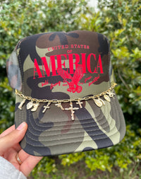 "America (red font) Full Camo Trucker Hat" WITH CHARM CHAIN