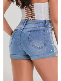 High Waist Rhinestone Lace Detail Denim Shorts