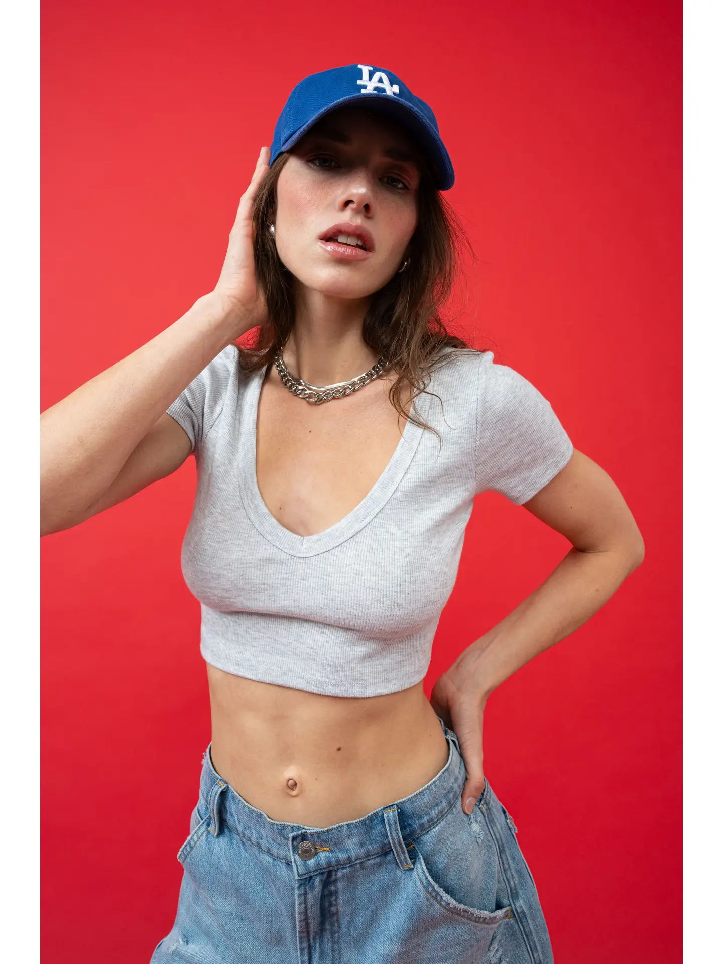 Gray Ribbed V-Neck Crop Top with Ribbon Tie Shoulder Detail