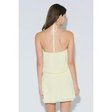 Pastel Yellow Halter Mini Dress with Keyhole Neckline