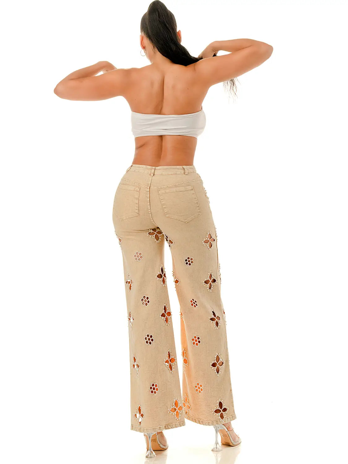 Beige Wide Leg Jeans with Pearl-Embellished Cutout Floral Detailing