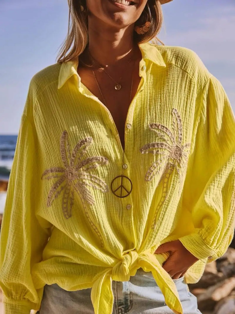 Yellow Palm Tree Embroidered Gauze Shirt