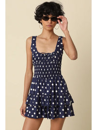 Polka Dot Tiered Romper with Smocked Bodice and Ruffle Skirt