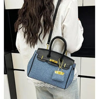Two-Tone Structured Satchel with Gold Lock Charm and Crossbody Strap