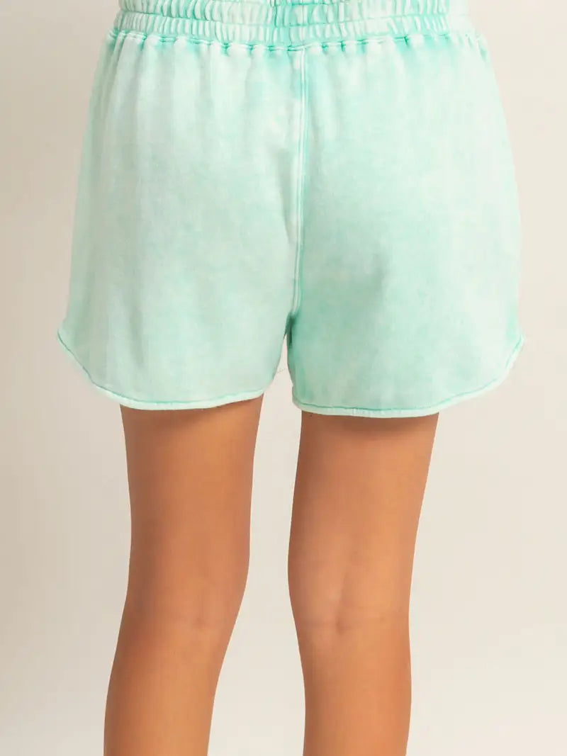 Green Drawstring Lounge Shorts with Curved Hem