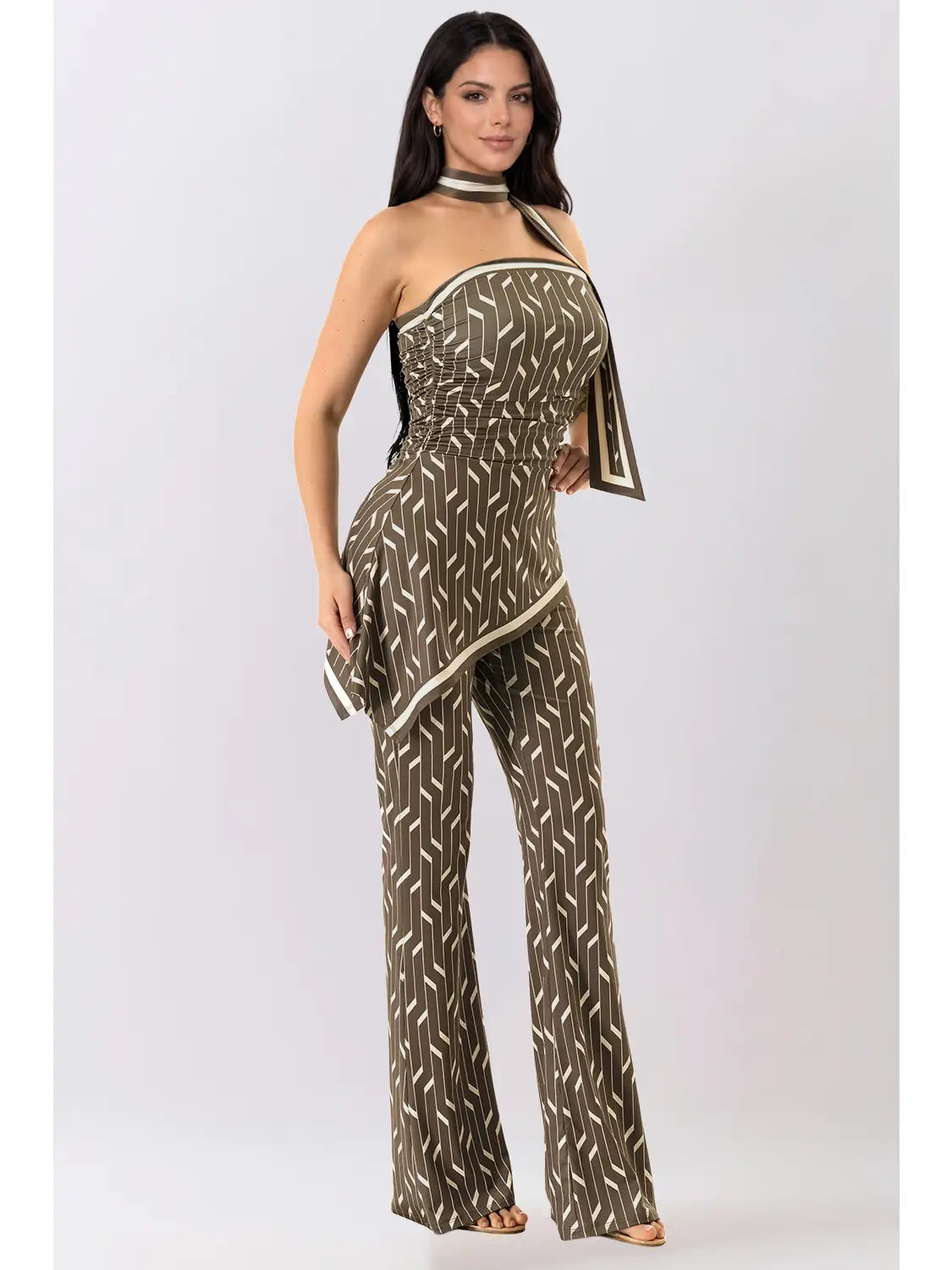 Olive Green Geometric Strapless Scarf Detail Wide Leg Jumpsuit