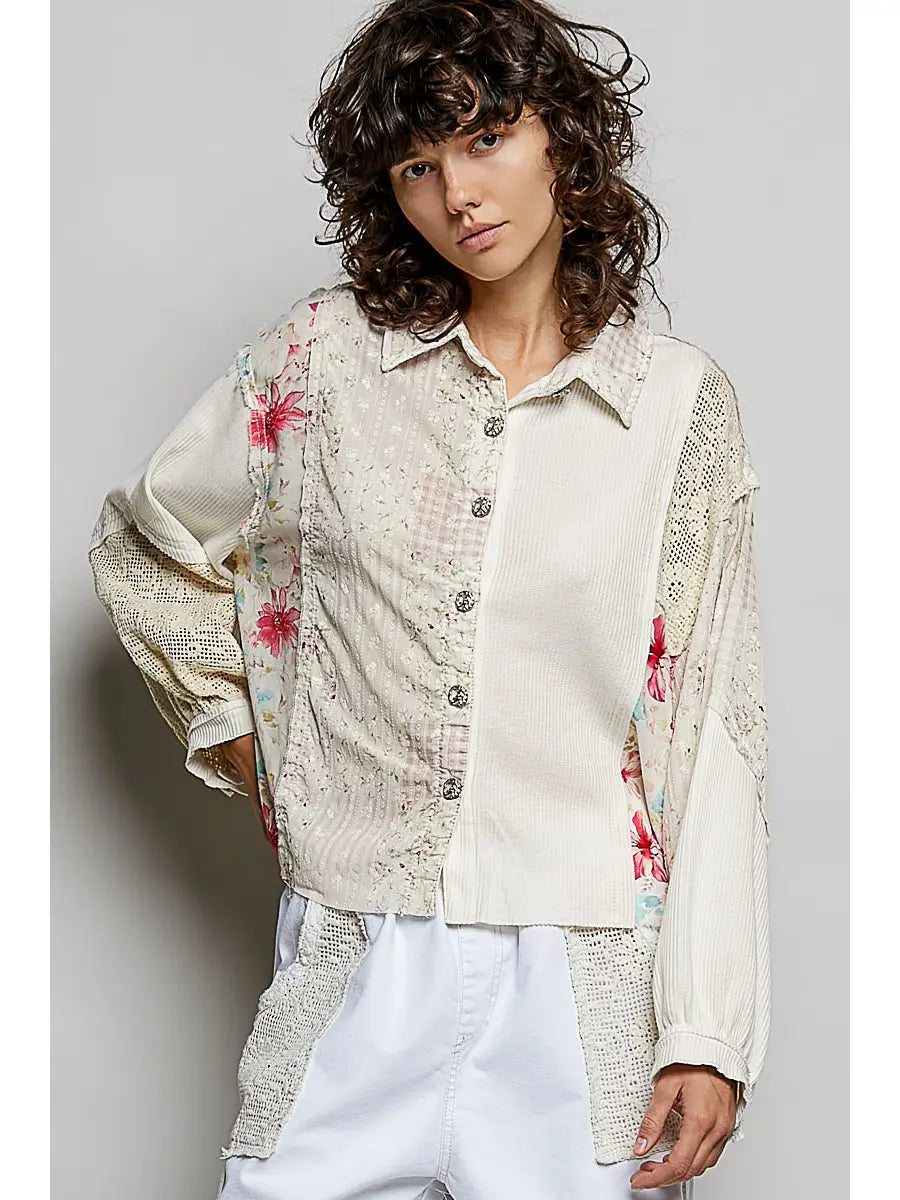 Patchwork Floral Lace Button-Down Blouse