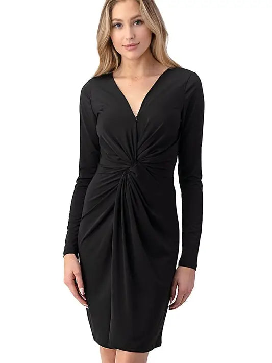 Black Twist Front Long Sleeve V-Neck Dress