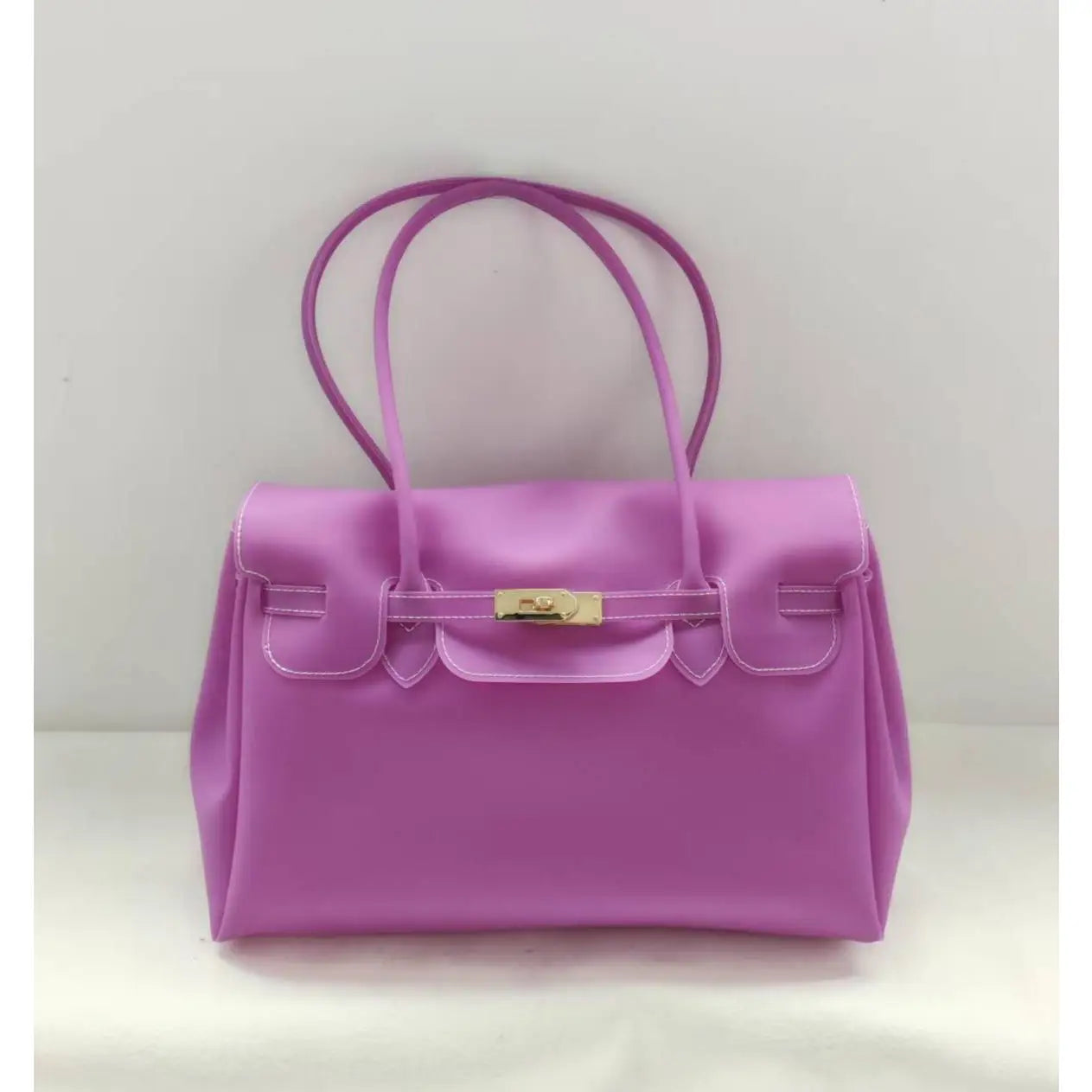 Bright Structured Top Handle Satchel with Gold Turn Lock Closure