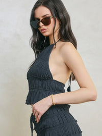 Navy Blue Smocked Halter Crop Top with Open Back Detail