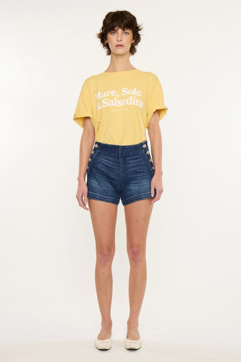 High Rise Sailor Button Front Denim Shorts