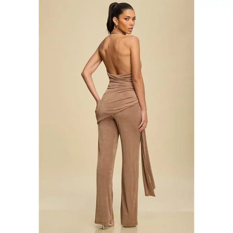 Champagne Mocha Halter Jumpsuit with Draped Detail