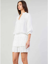 Smocked Waist Ruffle Neck Pleated Dress