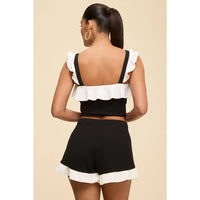 Black and White Ruffle Trim Crop Top and Shorts Set