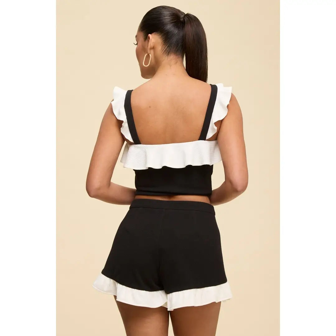 Black and White Ruffle Trim Crop Top and Shorts Set