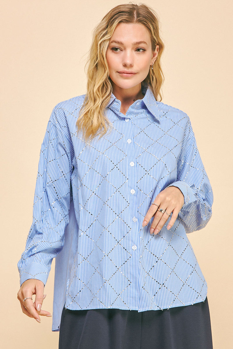 STRIPED LONG SLEEVE LOOSE FIT BUTTON DOWN SHIRT BLUE