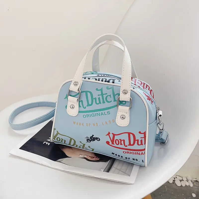 Light Blue Vintage Print Mini Satchel with Top Handle and Crossbody Strap