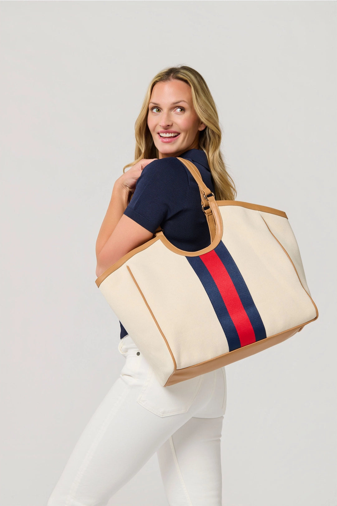 Beige Canvas Tote Bag with Red and Navy Stripe Detail