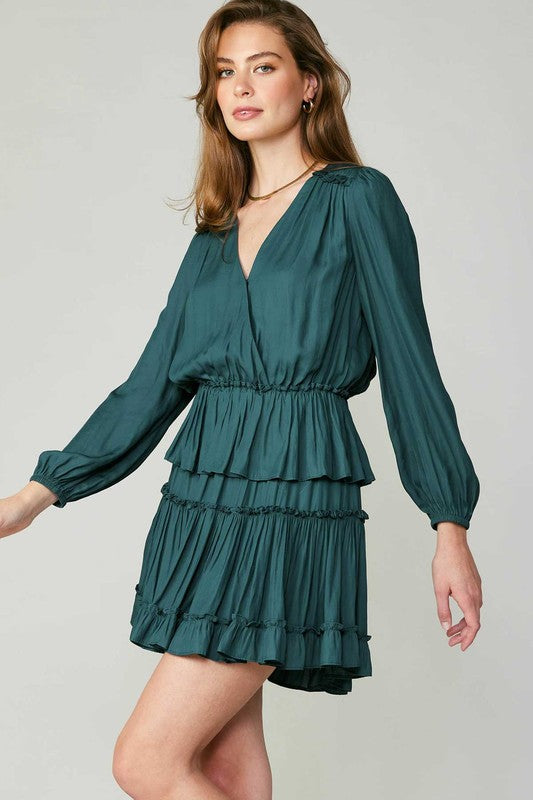 Emerald Green Pleated Tiered Mini Dress with Long Sleeves