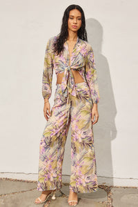 Tropical Lilac & Green Tie-Front Sheer Blouse