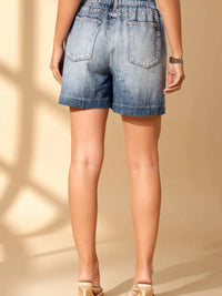 Elastic Waist Washed Denim Mini Skort with Pockets