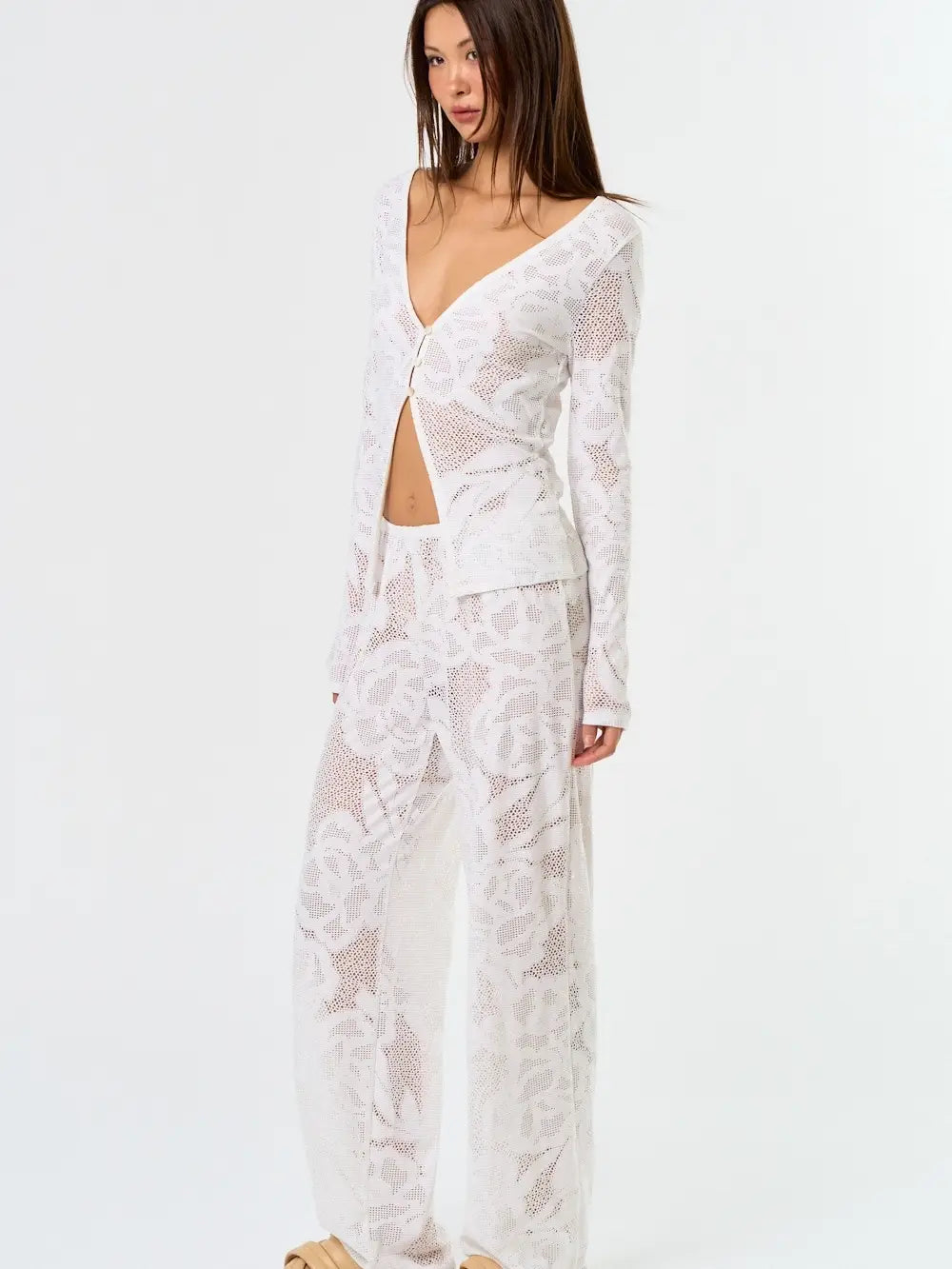 Sheer Lace Button-Up Long Sleeve Top with Floral Pattern