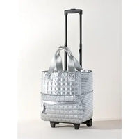 Metallic Silver Quilted Rolling Tote Travel Bag with Wheels