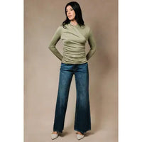 Crossover Collar Ruched Long Sleeve Fitted Top