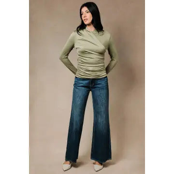 Crossover Collar Ruched Long Sleeve Fitted Top