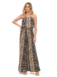 Beige Animal Print Strapless Wide Leg Jumpsuit with Belt