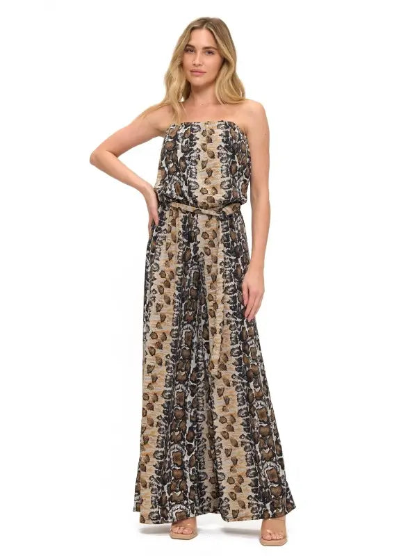 Beige Animal Print Strapless Wide Leg Jumpsuit with Belt