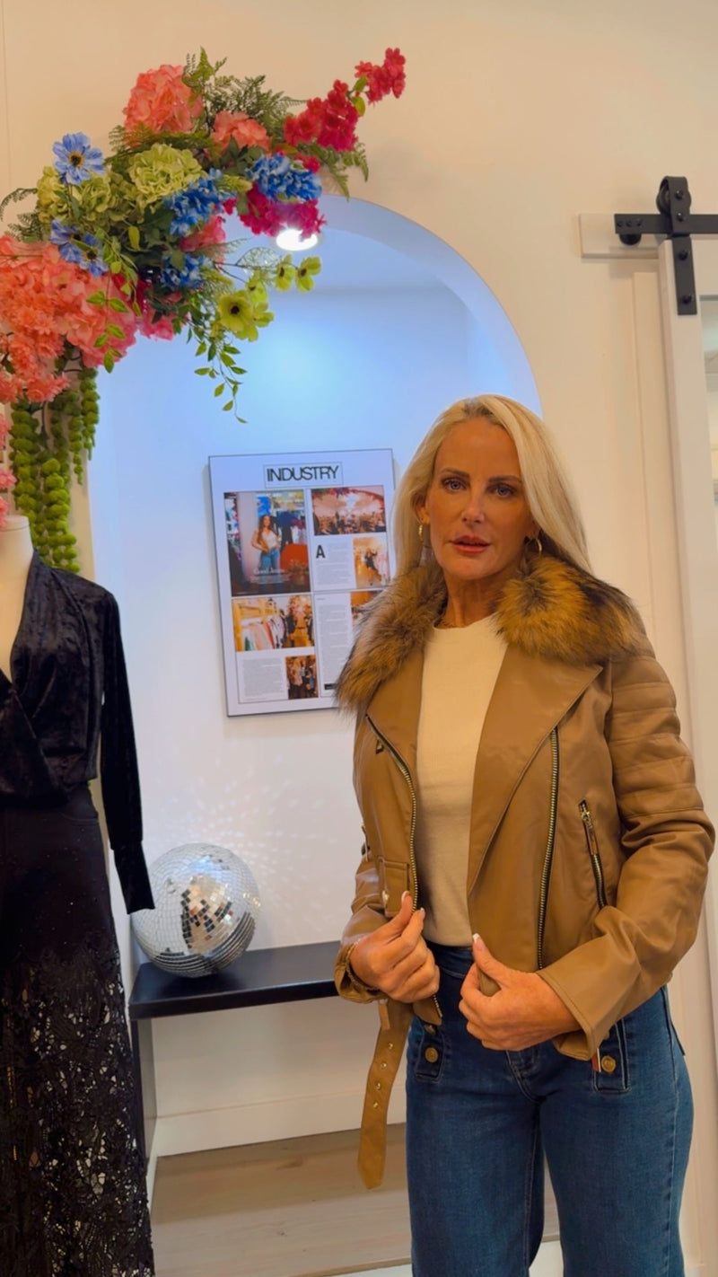 Camel Leather Moto Jacket with Black-Tipped Fox Fur Collar