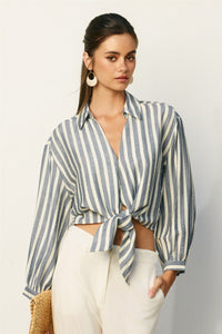 Striped Button-Up Tie Front Shirt with Balloon Sleeves