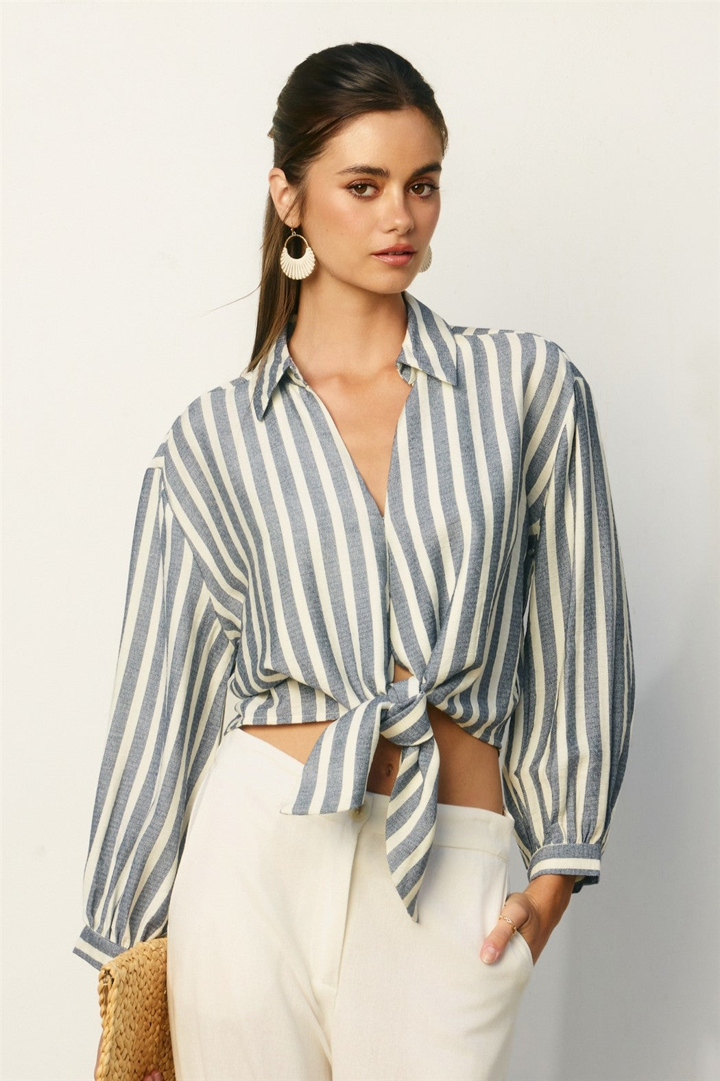Striped Button-Up Tie Front Shirt with Balloon Sleeves
