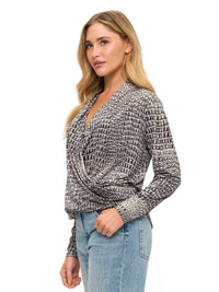 Animal Print Wrap Front Long Sleeve Blouse Top