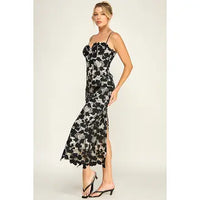 Black Lace Corset Midi Dress with Lace-Up Back