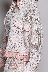 Blush Pink Lace Patchwork Ruffle Hem Jacket