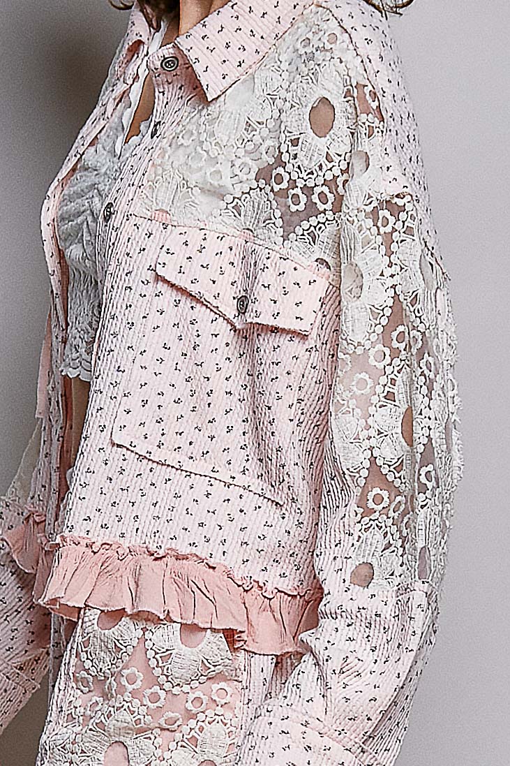 Blush Pink Lace Patchwork Ruffle Hem Jacket