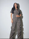 Leopard Utility Cargo Jumpsuit with Button Front and Short Sleeves