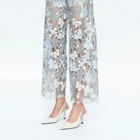 Light Wash Wide Leg Jeans with Sheer Floral Lace Panels