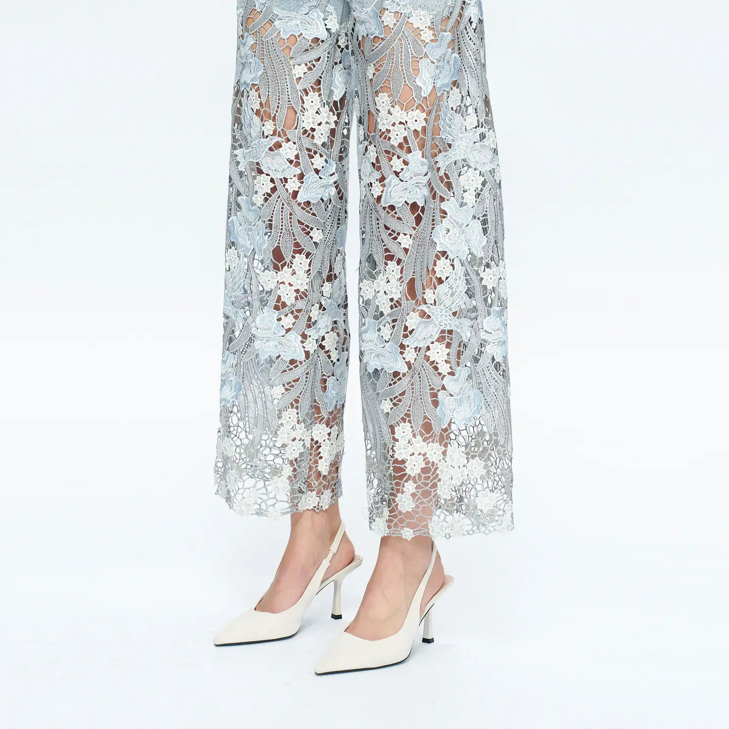 Light Wash Wide Leg Jeans with Sheer Floral Lace Panels