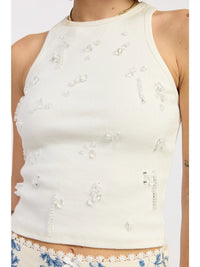 White Ribbed High Neck Tank with Beaded Embellishments