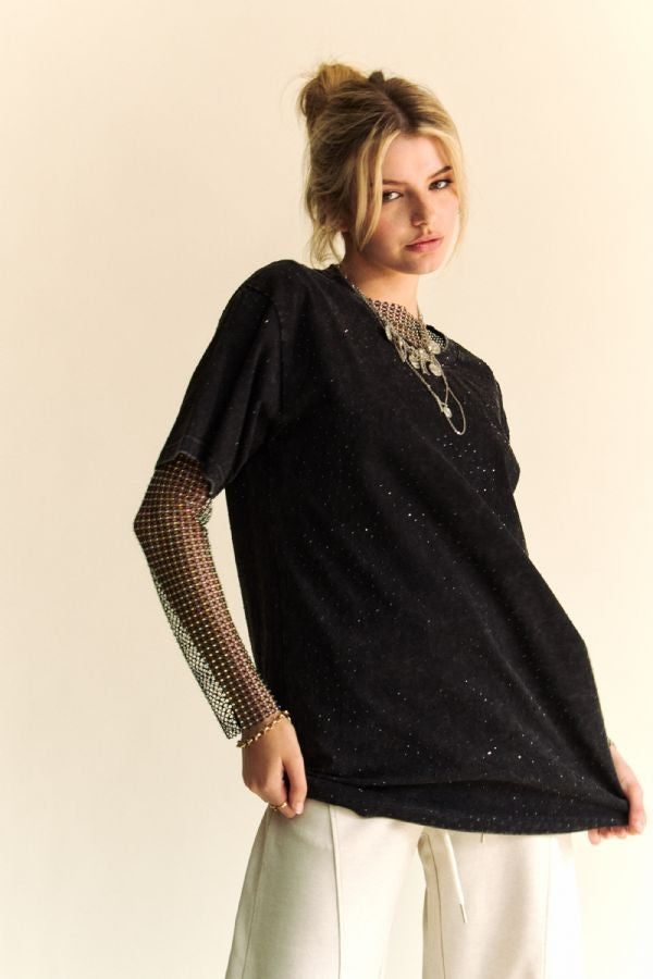 GLITTER PATTERN SHORT SLEEVE ROUND NECK TOP