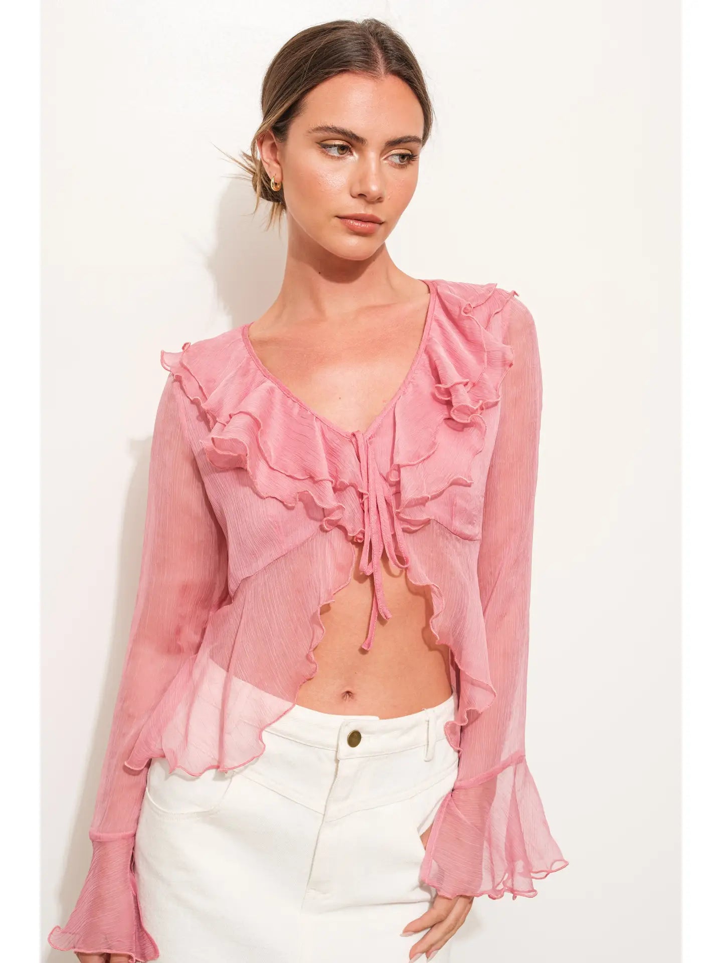 Sheer Ruffle Tie-Front Chiffon Blouse in Rose Pink