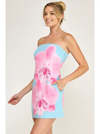 Blue & Pink Orchid Print Strapless Mini Dress