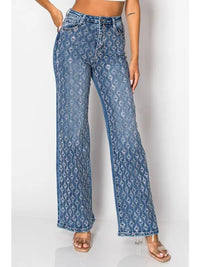 Wide-Leg Denim Jeans with Silver Sequin Geometric Pattern Light Blue