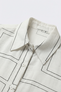 White Geometric Print Button-Up Shirt
