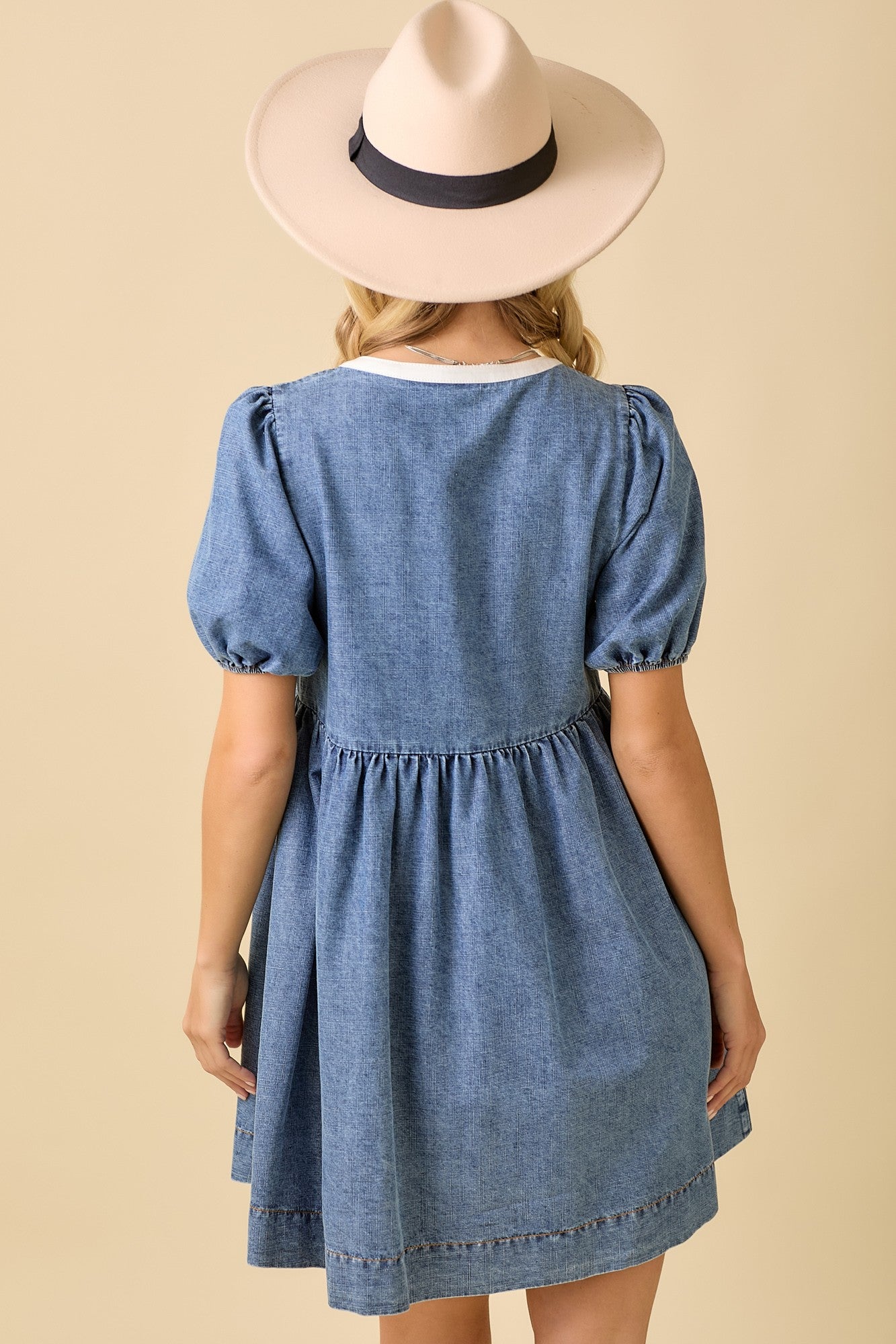 ae collared puff sleeve tie front denim mini dress AE Collared Puff Sleeve Tie Front Denim Mini Dress