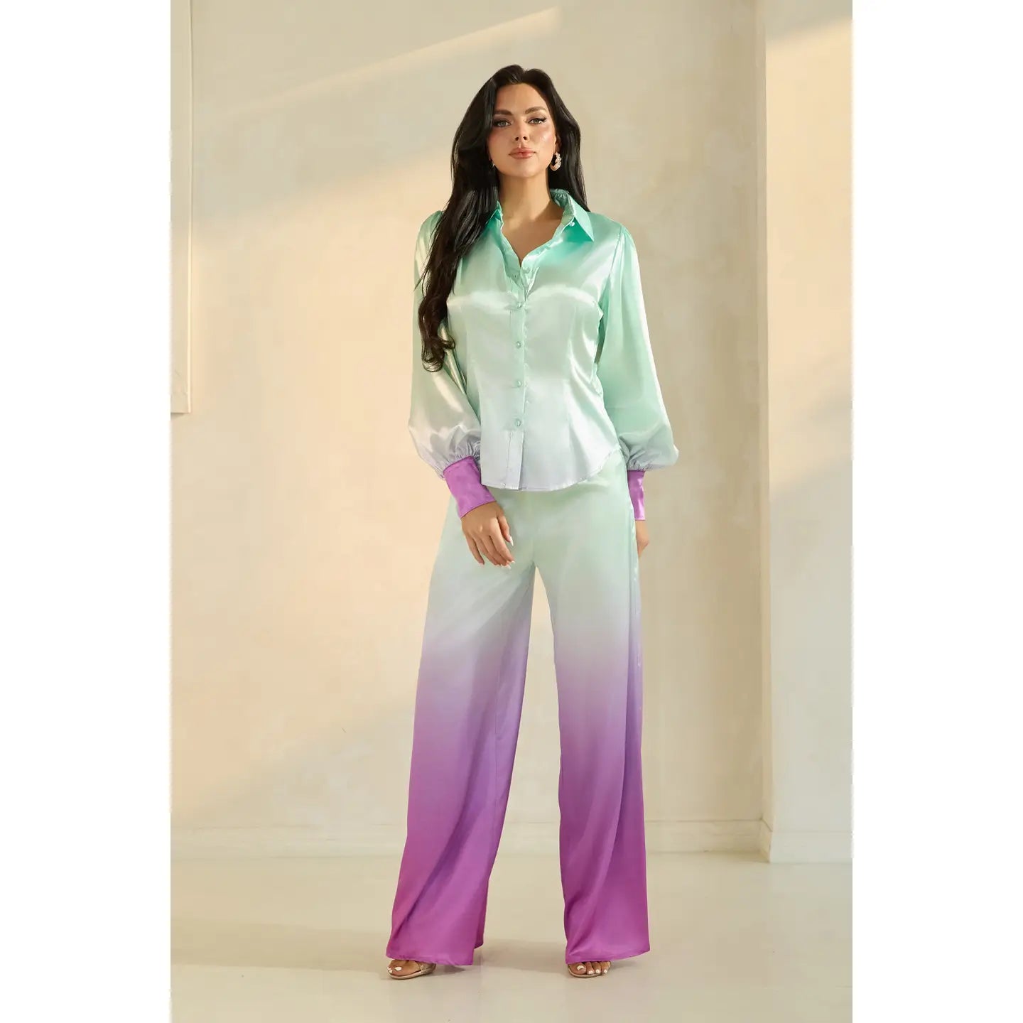 Satin Ombre Button-Up Shirt and Wide-Leg Pant Set