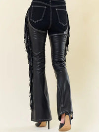 Leather Fringe Flare Pants in Black